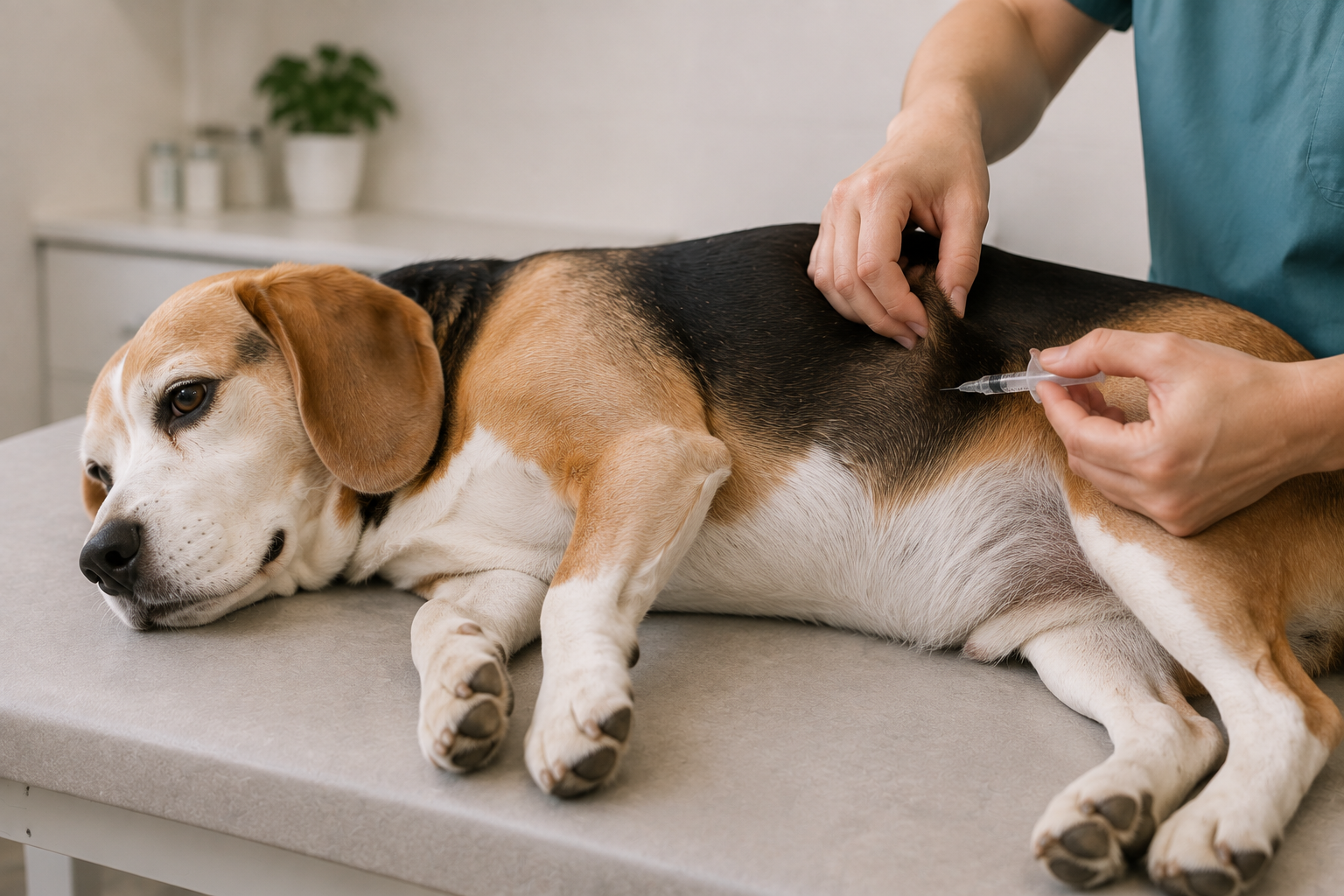 Veterinář provádí aspiraci podkožní bulky tenkou jehlou u bígla